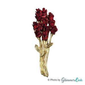 Vintage Red Rose Bouquet Brooch Gold Tone Dozen Roses Floral Pin Signed DM 97